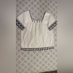 Twist cottage core White Blouse with Black Trim embroidered size 10
